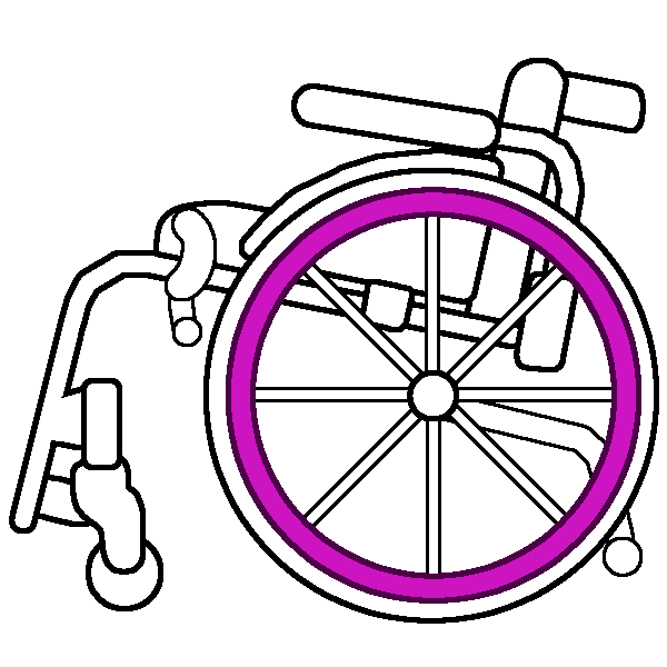 A black and white rigid wheelchair in profile with a bright pink push rim.
